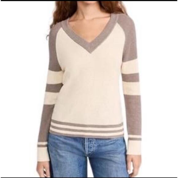 Faherty Varsity Retro Throwback Cashmere Blend Cream Grey V Neck Sweater XS - Picture 1 of 4